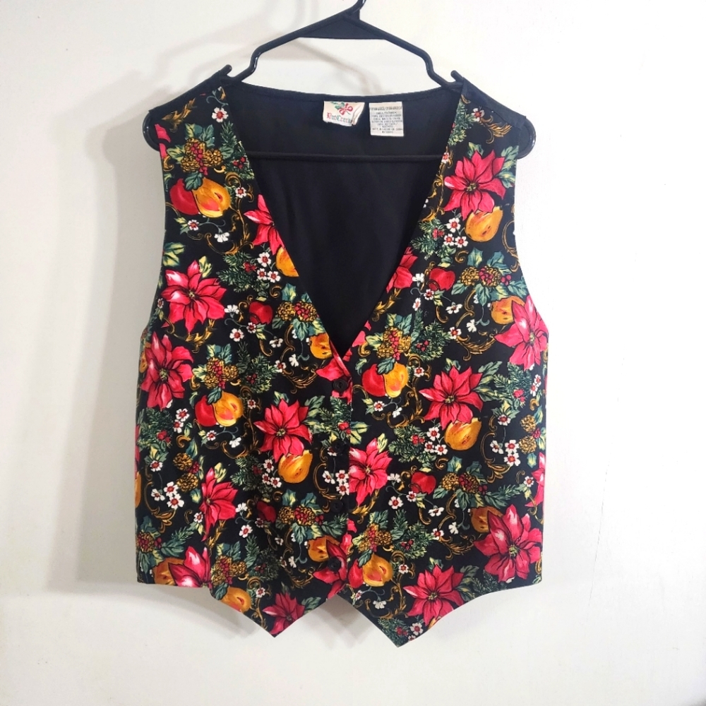 Vintage Nutcracker women's vest poinsettias holly fruit